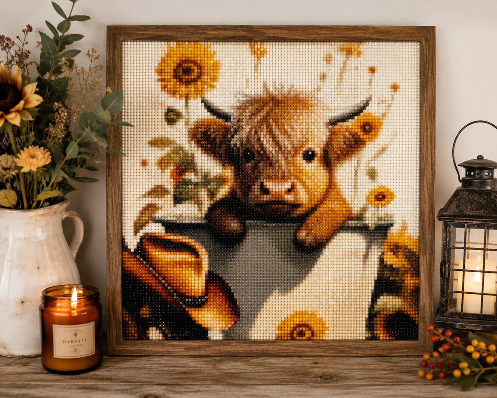 Completed Diamond Painting Highland Cow Sunflowers Watering Can Wall Art 16"x16"